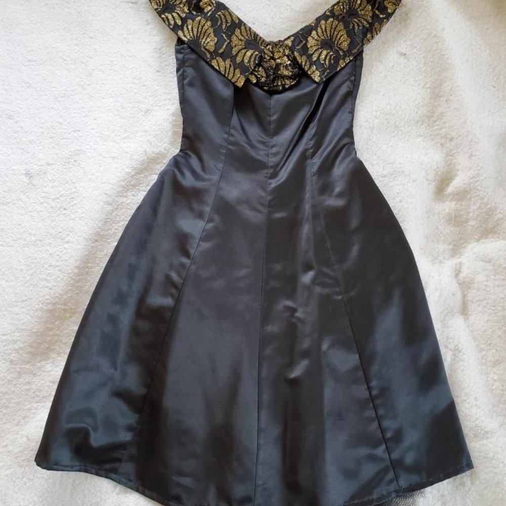 Black Taffeta Dress with Gold Accents, Sz XS